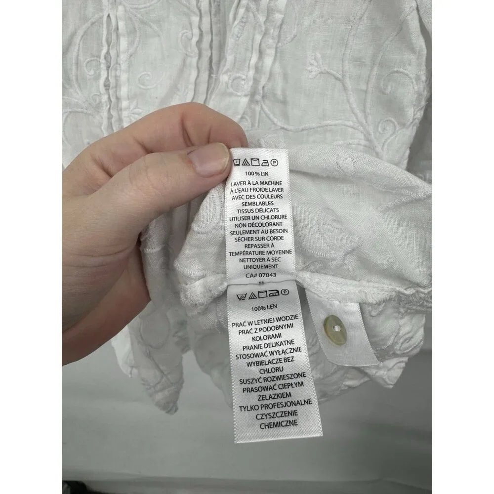 Kenar 100% Linen Shirt Women XL White Embroidered Roll Tab Sleeve Coastal Beach - Picture 4 of 8